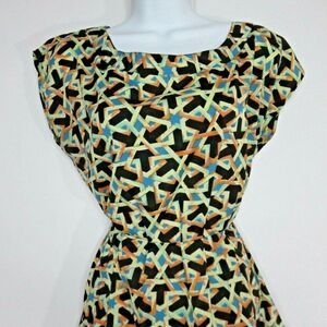 Feathers Brand Dress M Geometric Tie Waist Pockets Orange Blue Black Arrows